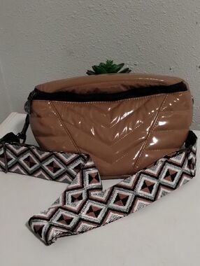 THINK ROYLN Glossy Tan Quilted Crossbody with Patterned Strap